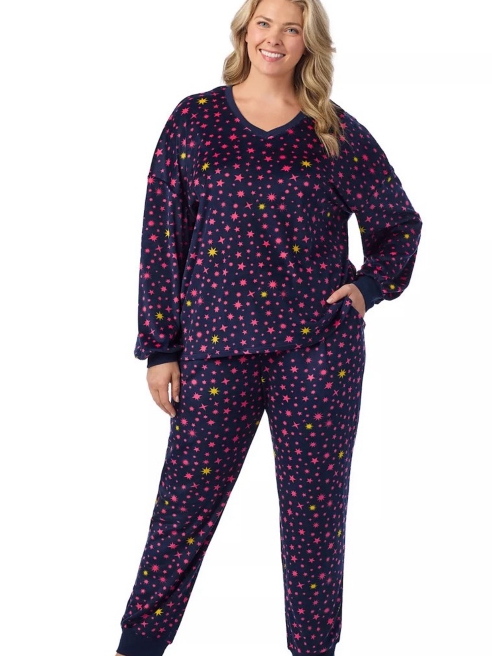 Cuddl Duds Navy Star-Print Long Sleeve Pajama Set